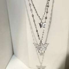 ANENJERY 925 Sterling Silver CZ Butterfly Necklace: Double Layer Dainty Jewelry