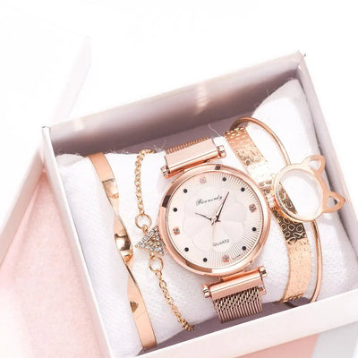 5-Piece Women's Luxury Magnet Buckle Watch Bracelet Set