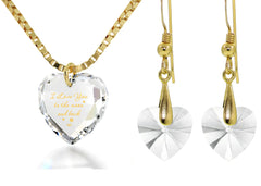 Tiny Heart Jewelry Set 24k Gold Inscribed I Love You to the Moon and Back Necklace and Drop Earrings