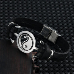 2021 Fashion Jewelry Stainless Steel Tai Chi Yin Yang Fish Leather Bracelet