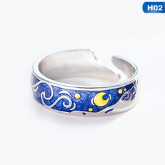 Adjustable Van Gogh Starry Night Couple Rings: Silver with Blue Stars - Valentine's Jewelry