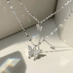 ANENJERY 925 Sterling Silver CZ Butterfly Necklace: Double Layer Dainty Jewelry